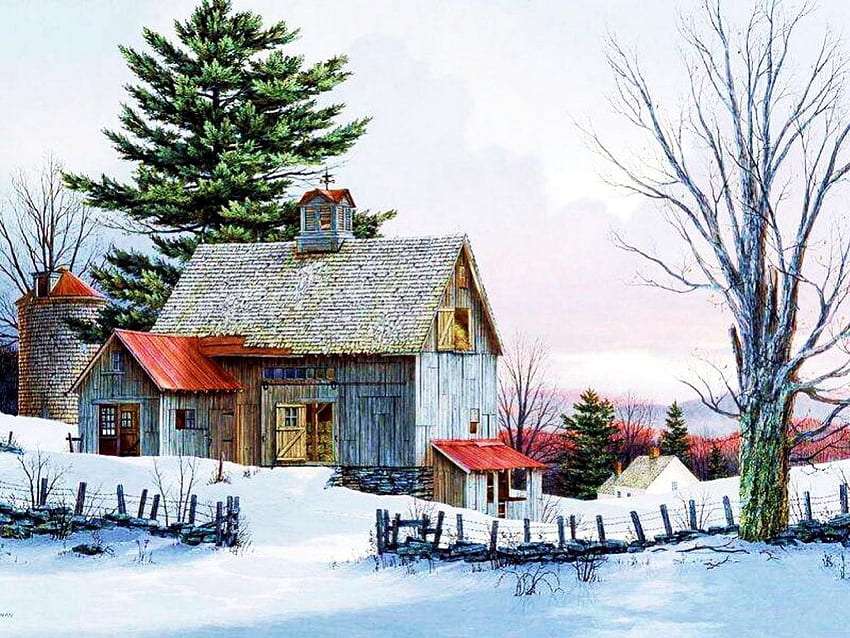 Winter landelijk eenzaam huisje, legpuzzel online