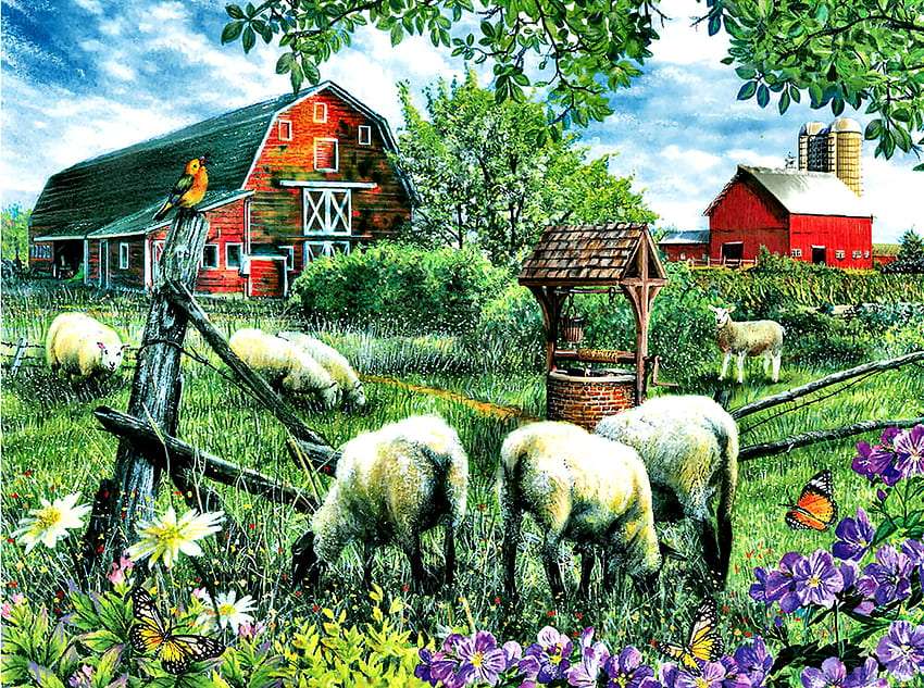 Ferme de moutons - ils mangent de l'herbe verte puzzle en ligne
