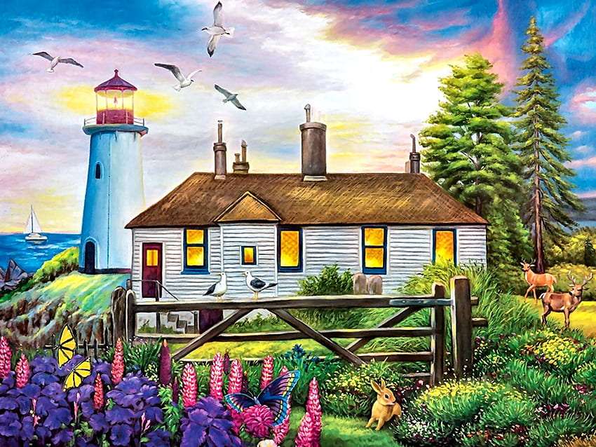 Bájos világítótorony-őr ház nyáron online puzzle
