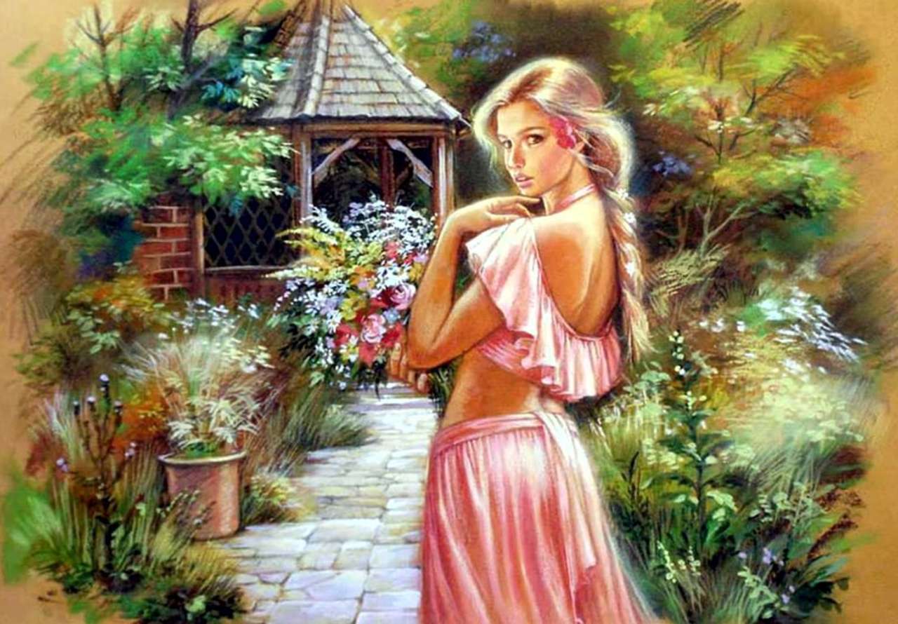 Vacker flicka i en vacker trädgård Pussel online
