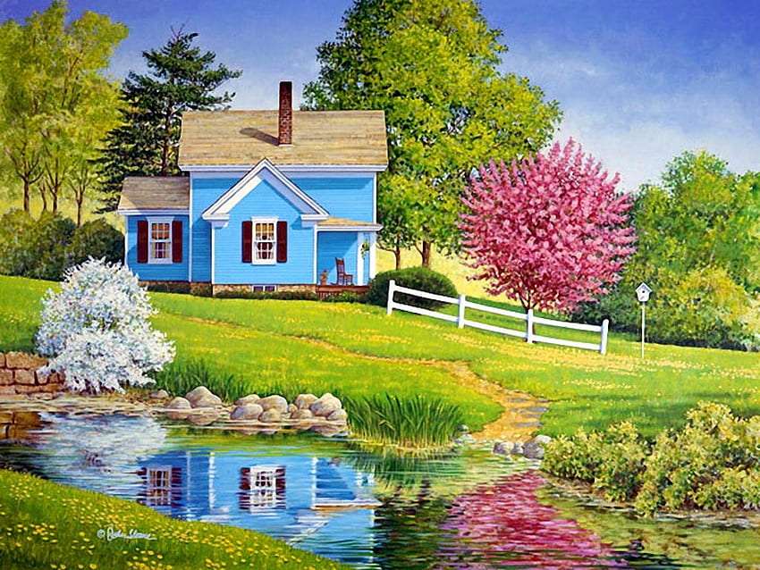 Encantadora casa azul junto al estanque rompecabezas en línea