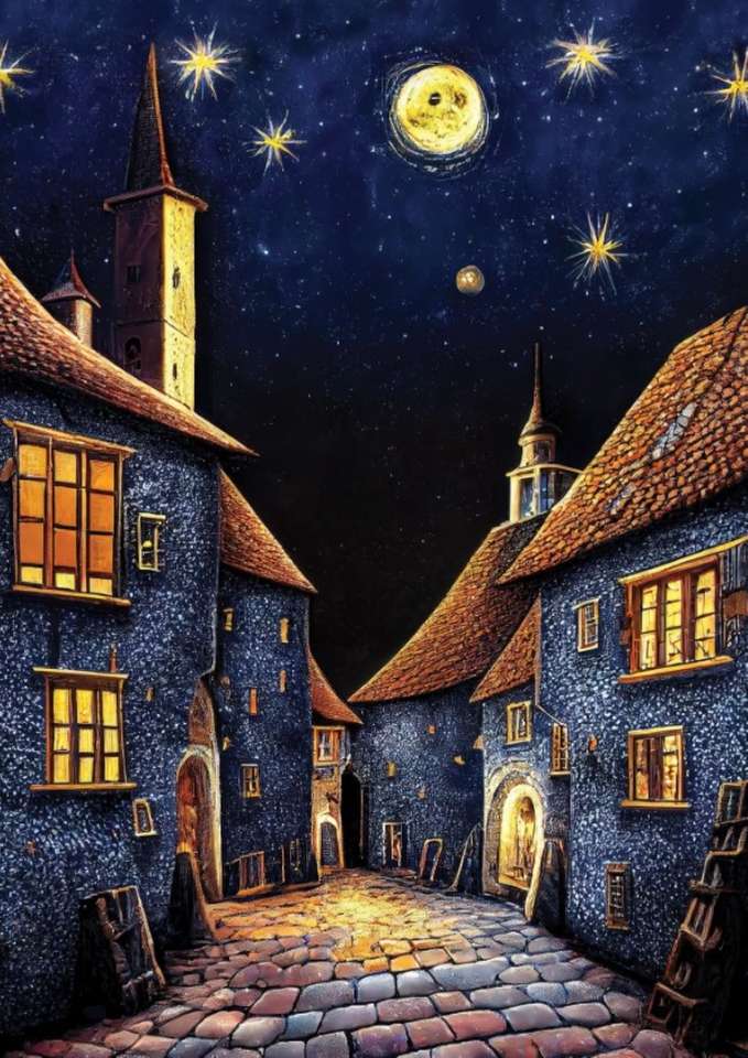 mittelalterliches Dorf bei Nacht Puzzlespiel online