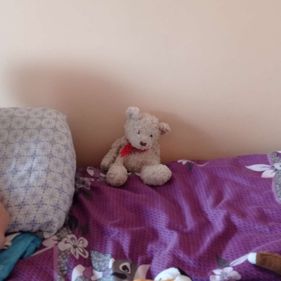 Miłosz și ursul stau întinși pe pat puzzle online