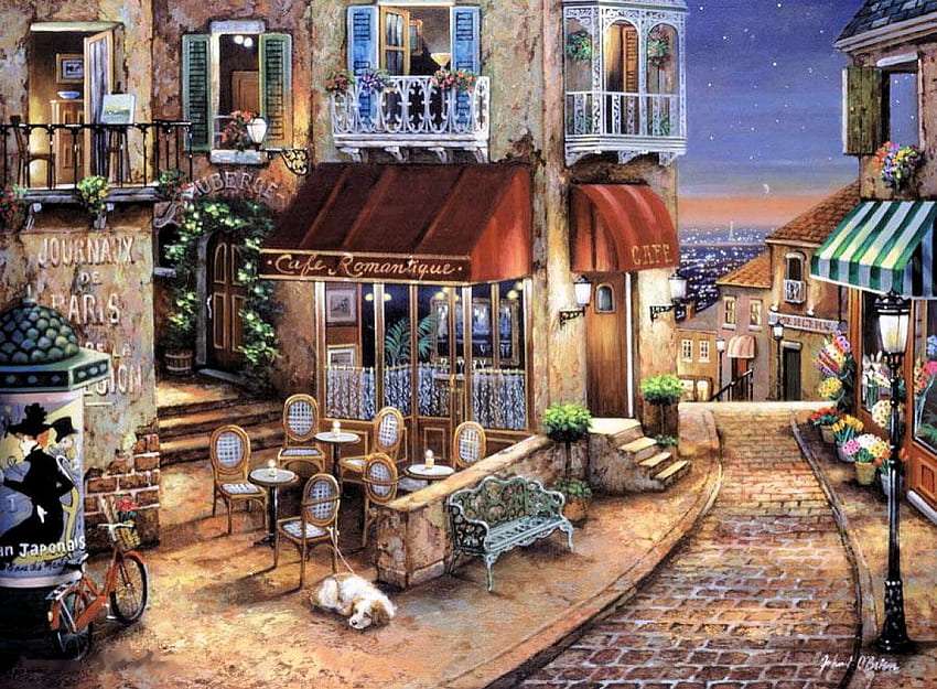 Romantická ulice s romantickou kavárnou online puzzle
