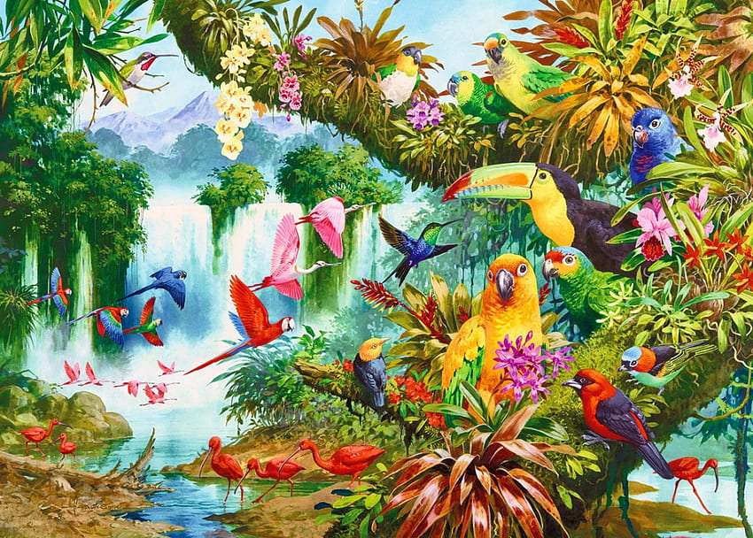 En tropisk ö full av färgglada fåglar pussel på nätet