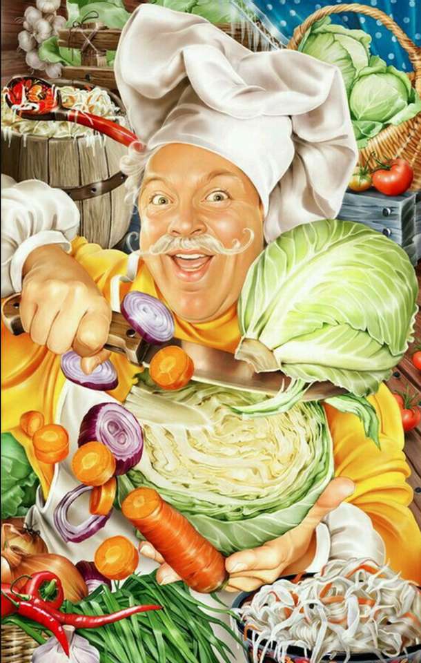 Великий шеф-кухар зі своїми овочами онлайн пазл