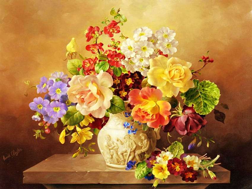 Ein wunderschöner Blumenstrauß in einer wunderschön geschnitzten Vase Online-Puzzle
