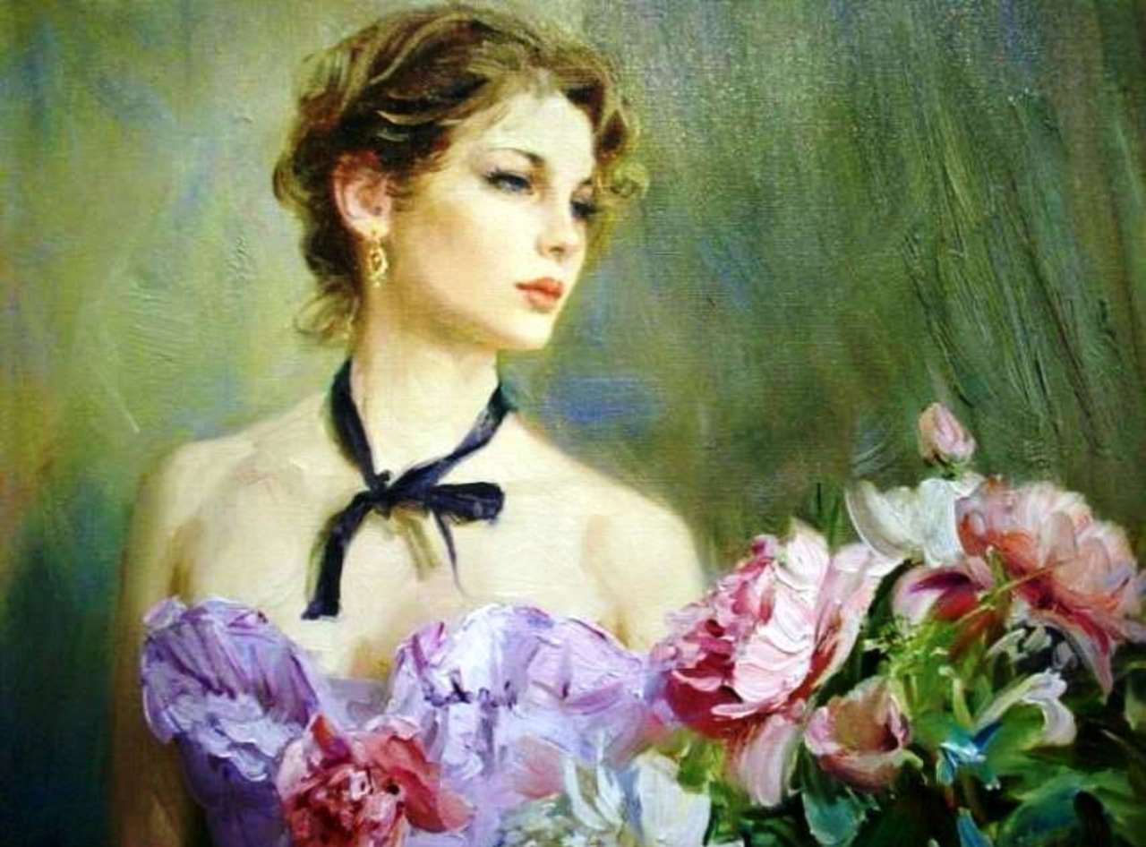 Beautiful lady with a beautiful bouquet jigsaw puzzle online