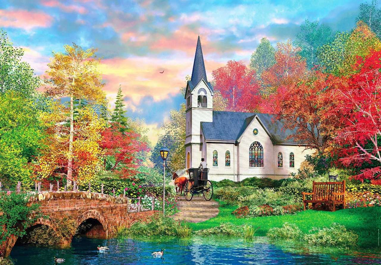 Uma bela igreja em um belo lugar no outono quebra-cabeças online