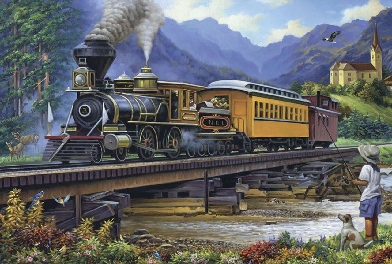 Una locomotora muy antigua y un pequeño puente de madera. rompecabezas en línea