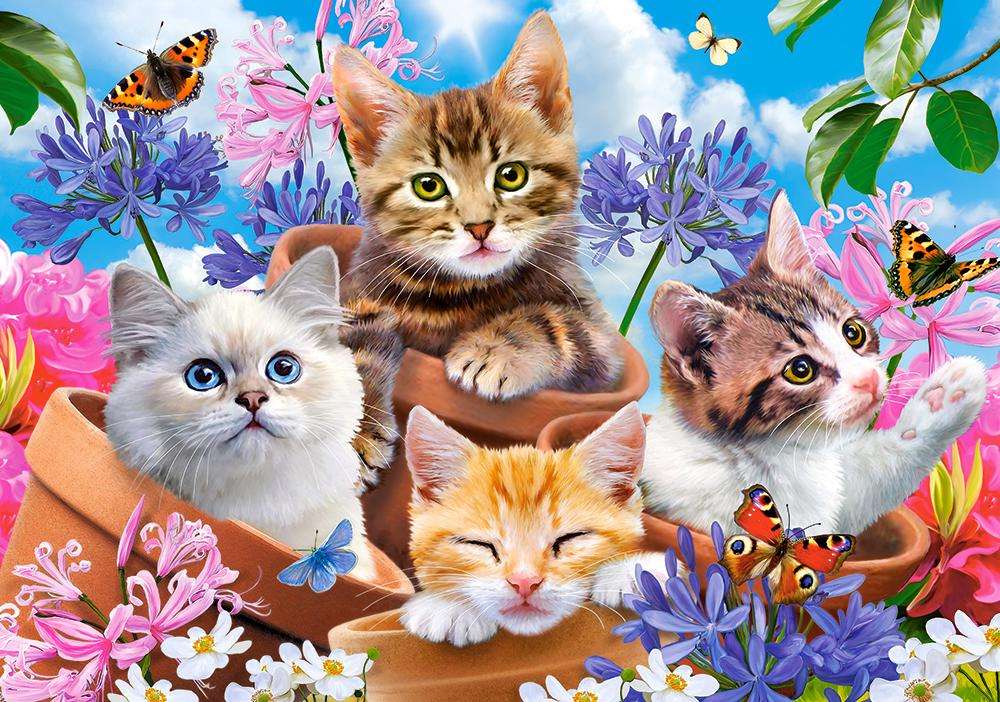 Vier Katzen in Blumen Online-Puzzle