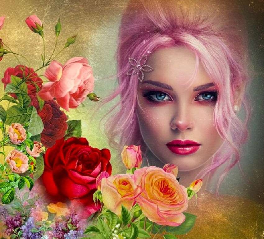 Lindas rosas e uma linda senhora de olhos azuis, uma bela foto quebra-cabeças online