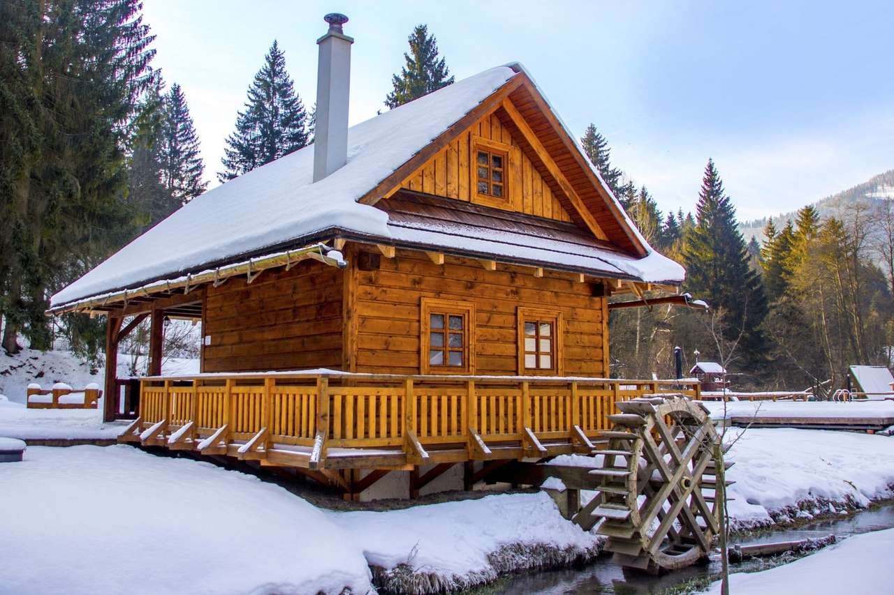 Eslováquia-moinho de água de madeira no inverno quebra-cabeças online