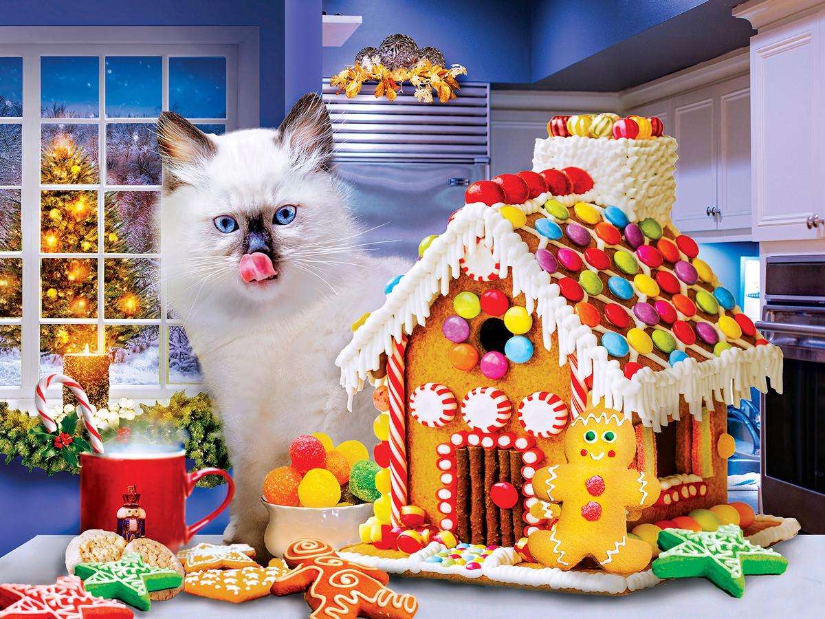 Коте в сладка джинджифилова къщичка онлайн пъзел