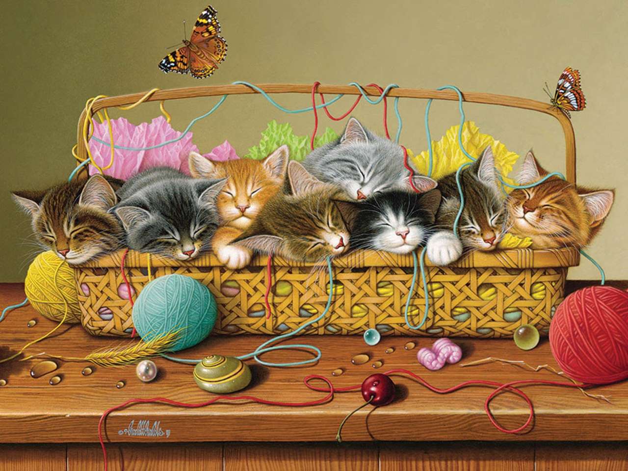 kittens sleep in a basket jigsaw puzzle online