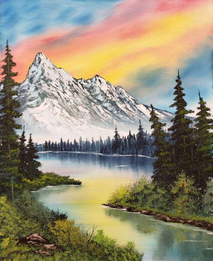 Montagna e riflesso nel fiume di nuvole colorate puzzle online