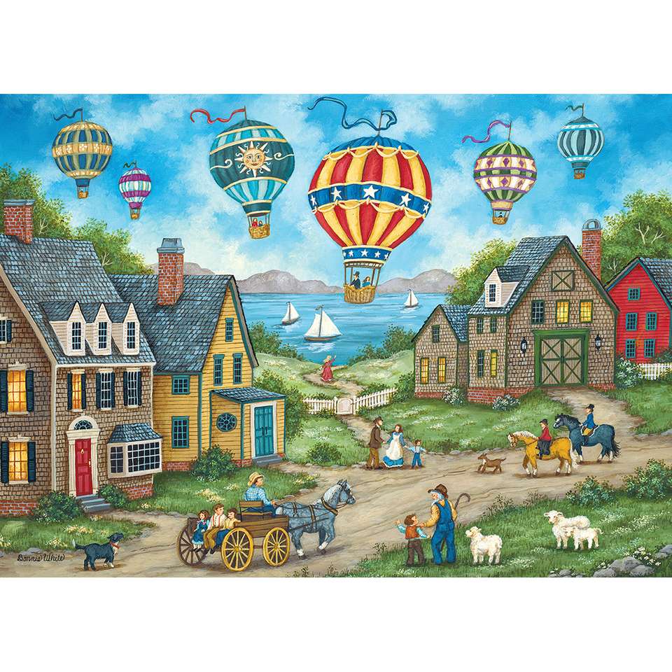 Fahrt von Heißluftballons über dem Dorf Online-Puzzle