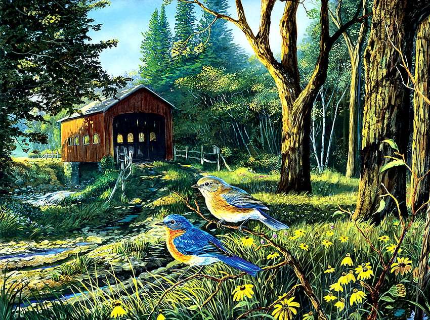 Ponte coperto, prati, uccelli che cantano nel bosco, una meraviglia puzzle online