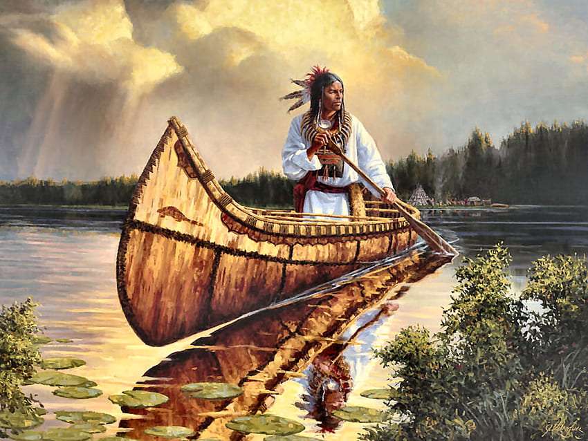 Native American and his beautiful boat online puzzle