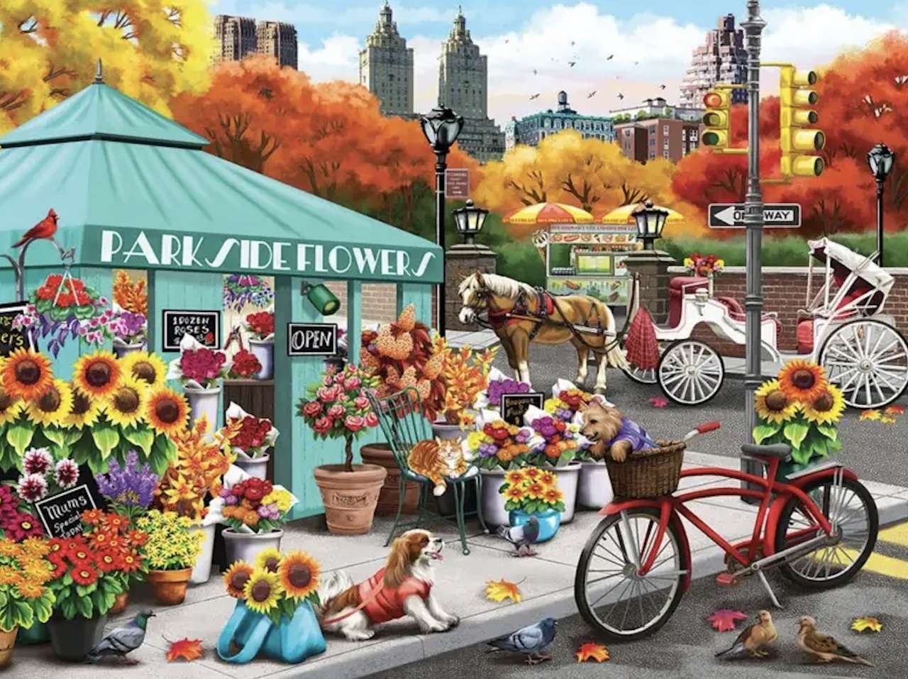 Un piccolo bellissimo negozio di fiori all'angolo di una strada cittadina puzzle online
