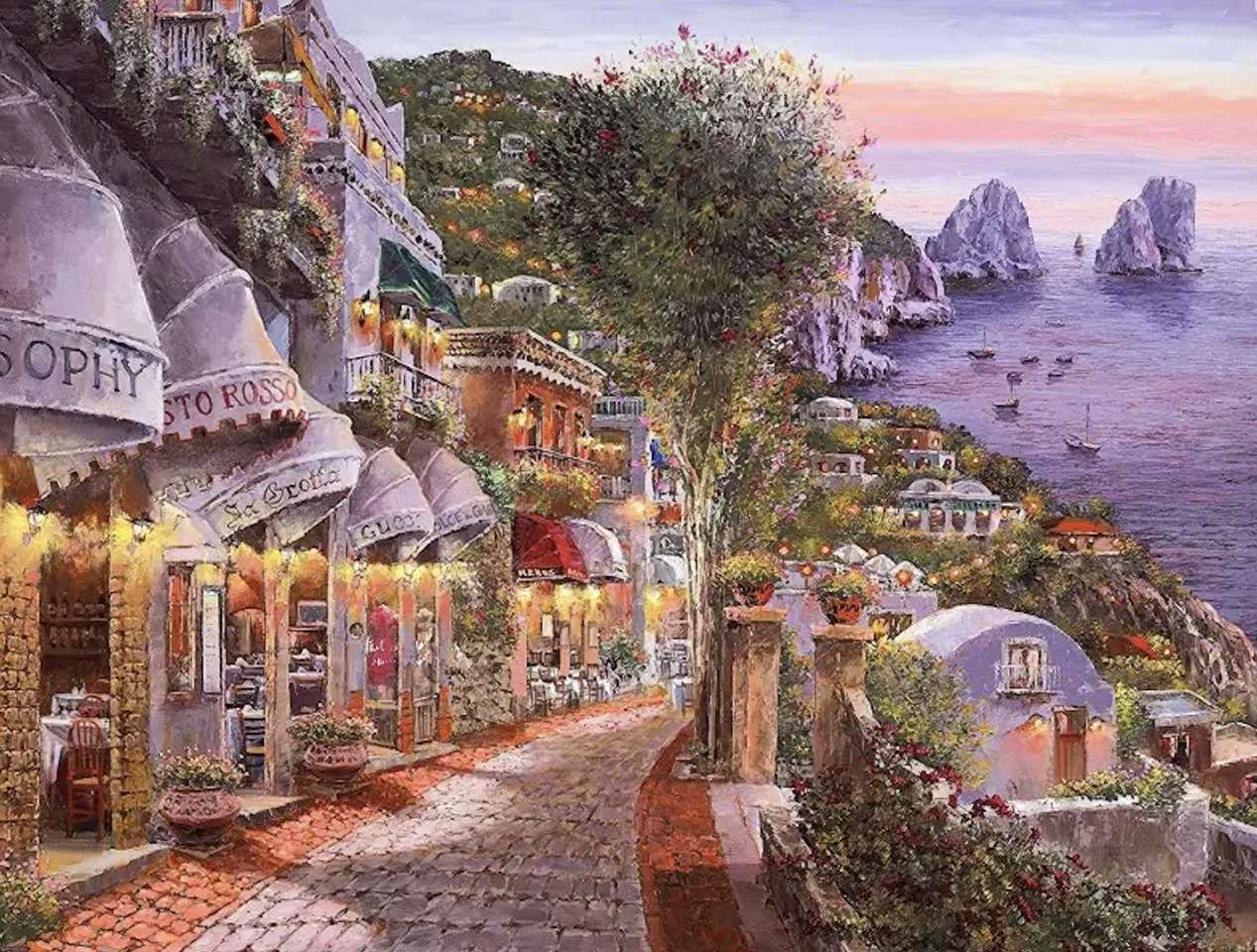 Capri-romantisk vacker gata i skymningen Pussel online
