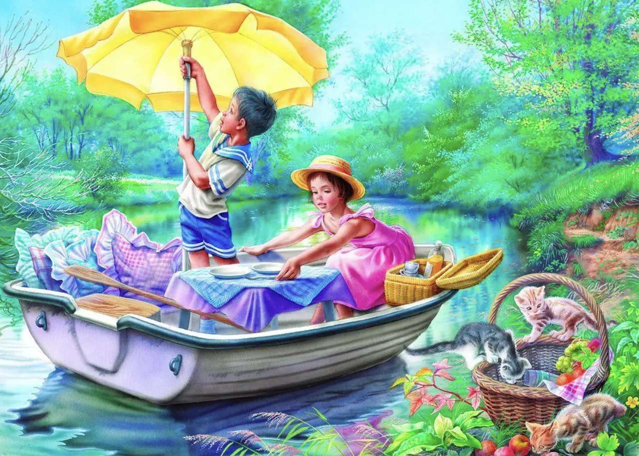 Picknick op een boot op een zonnige dag legpuzzel online