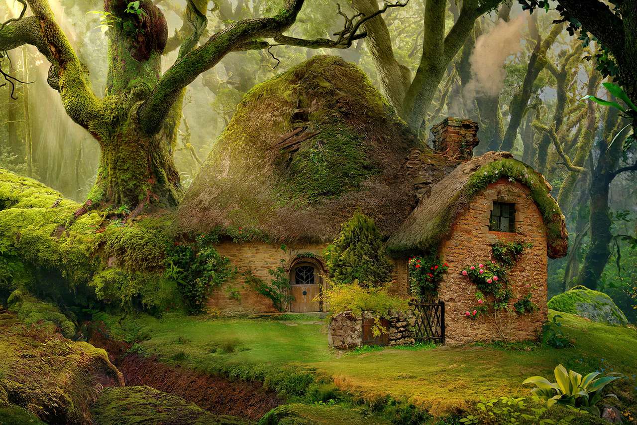 E na velha floresta, uma bela cabana de anão da floresta puzzle online