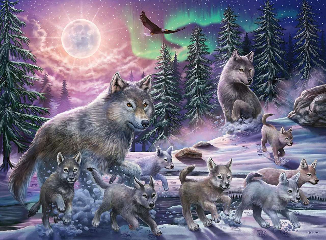 famiglia di lupi nella neve al chiaro di luna puzzle online