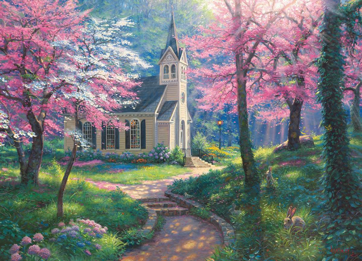 chiesa nel mezzo di un parco in primavera puzzle online