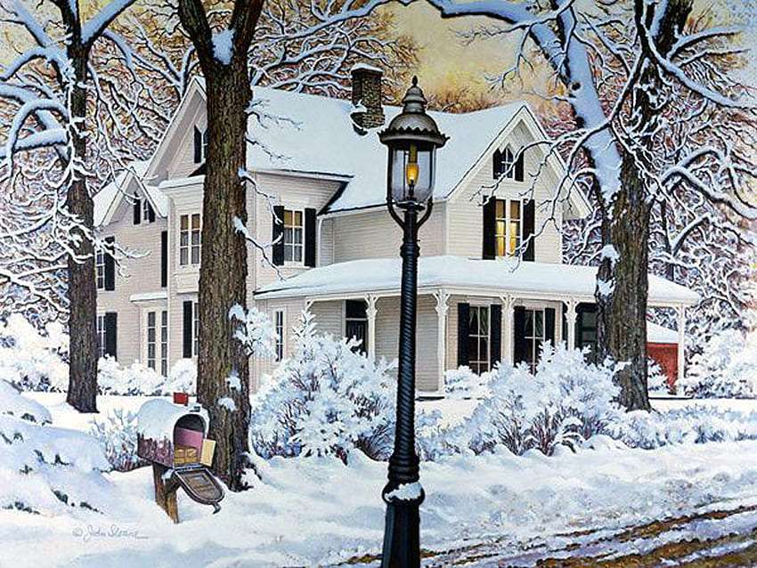 Bela casa branca como a neve do inverno quebra-cabeças online