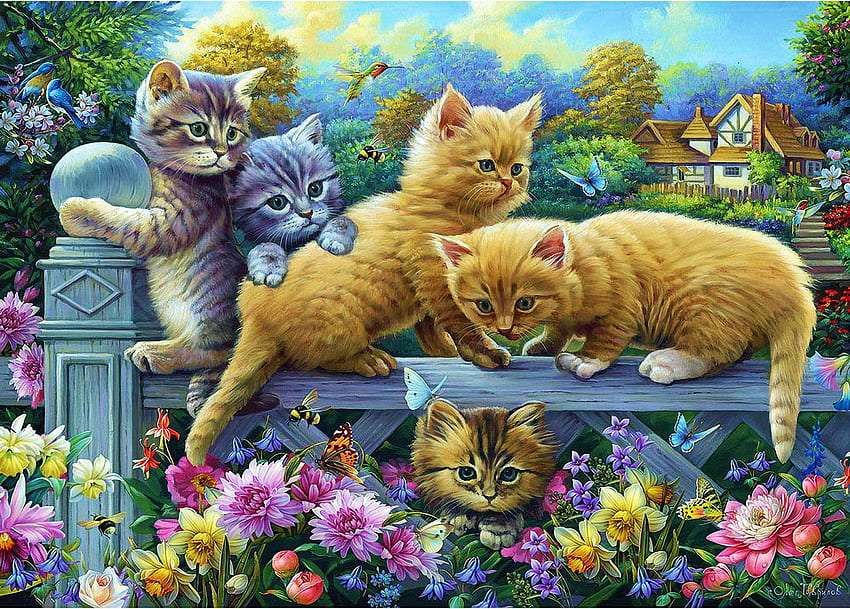 Kätzchen auf dem Zaun in einem schönen Garten Online-Puzzle