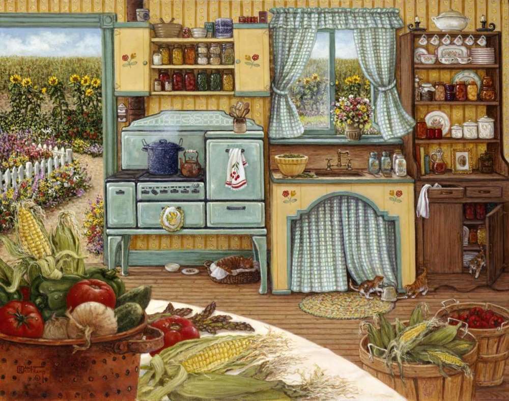 Zöldségekkel és fűszerekkel felszerelt konyha online puzzle