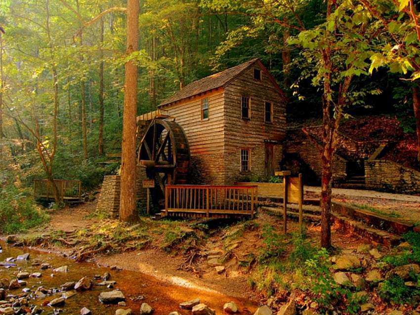 Una casa molto antica con un mulino in mezzo alla foresta puzzle online