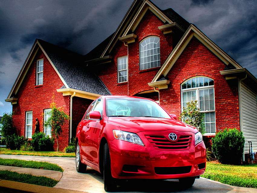 色の調和 - 赤い家、車、緑 ジグソーパズルオンライン