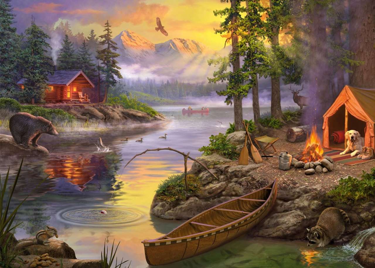 Halászház és sátor a tónál online puzzle