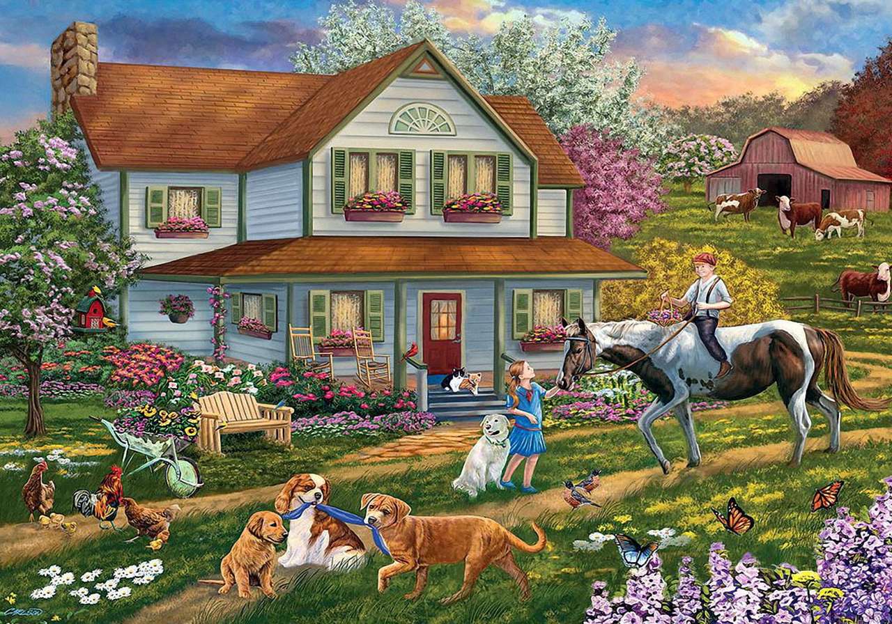 Joyful children's holiday in the countryside, beautiful view online puzzle