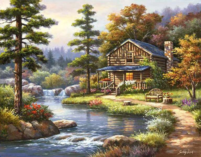 Râul lângă casa de lemn puzzle online
