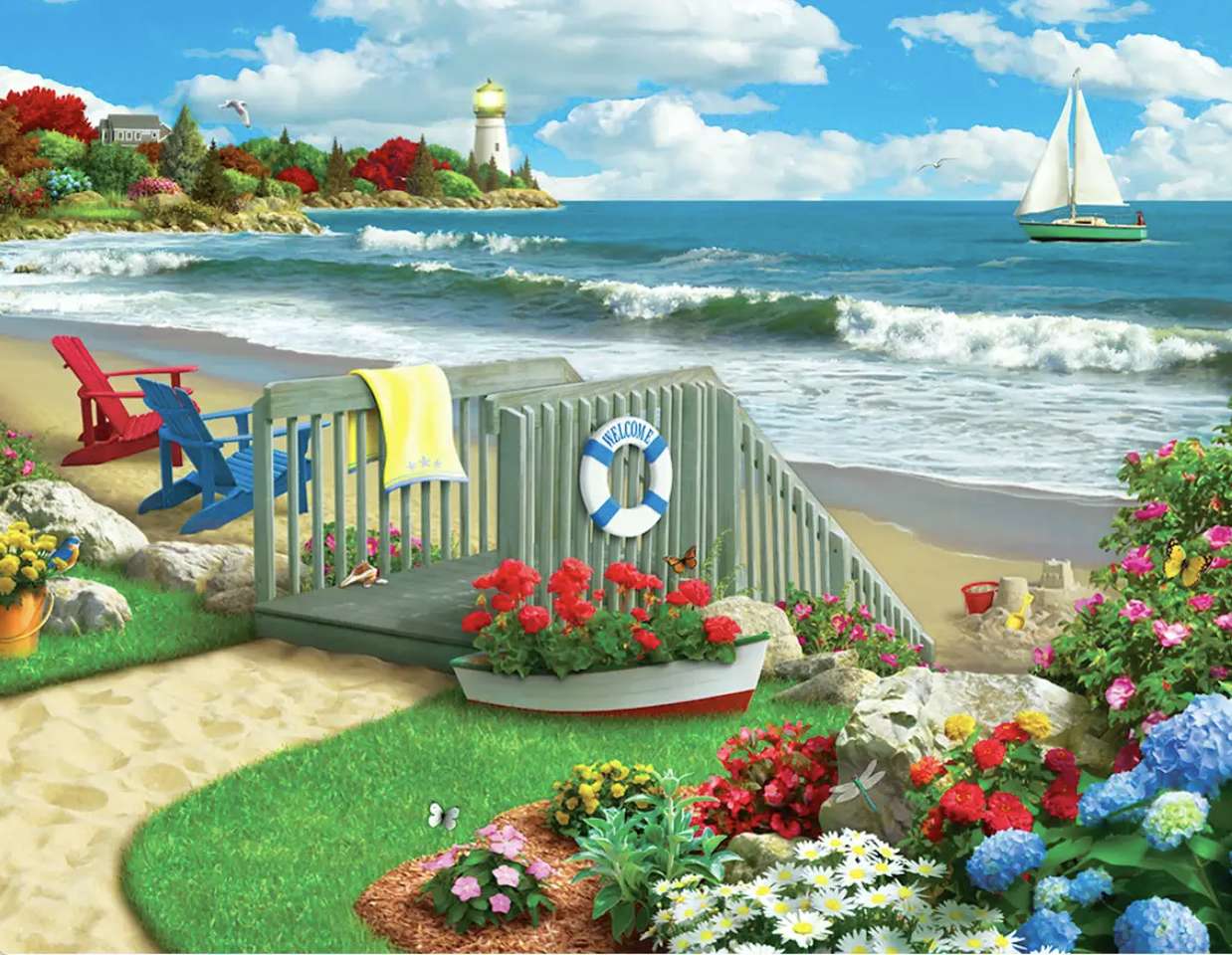 Krásná zahrada u pláže, sladký výhled online puzzle