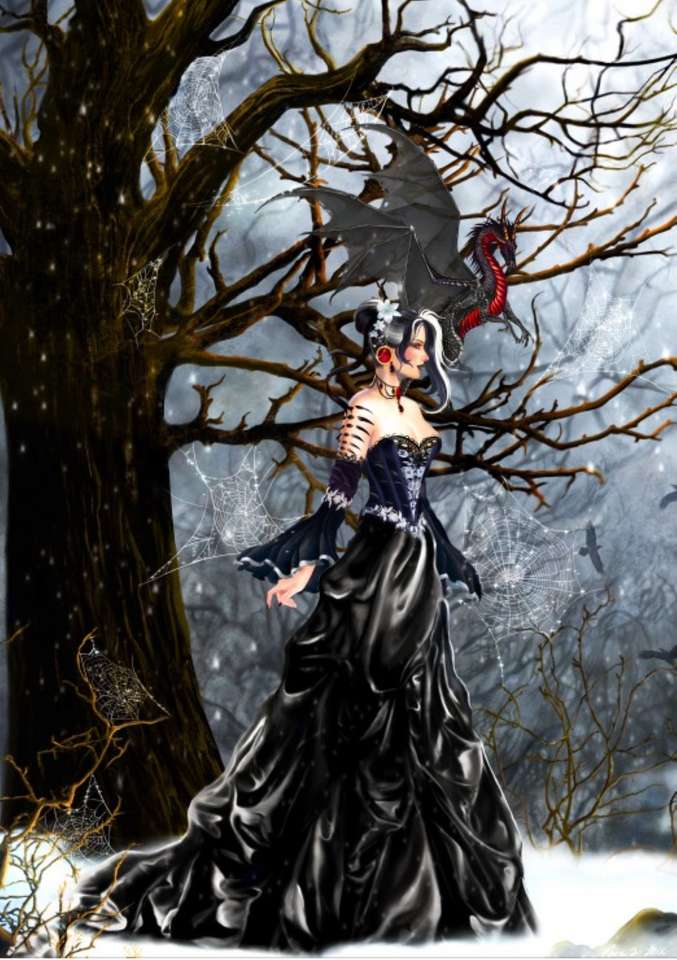 magician and her dragon in the winter forest jigsaw puzzle online