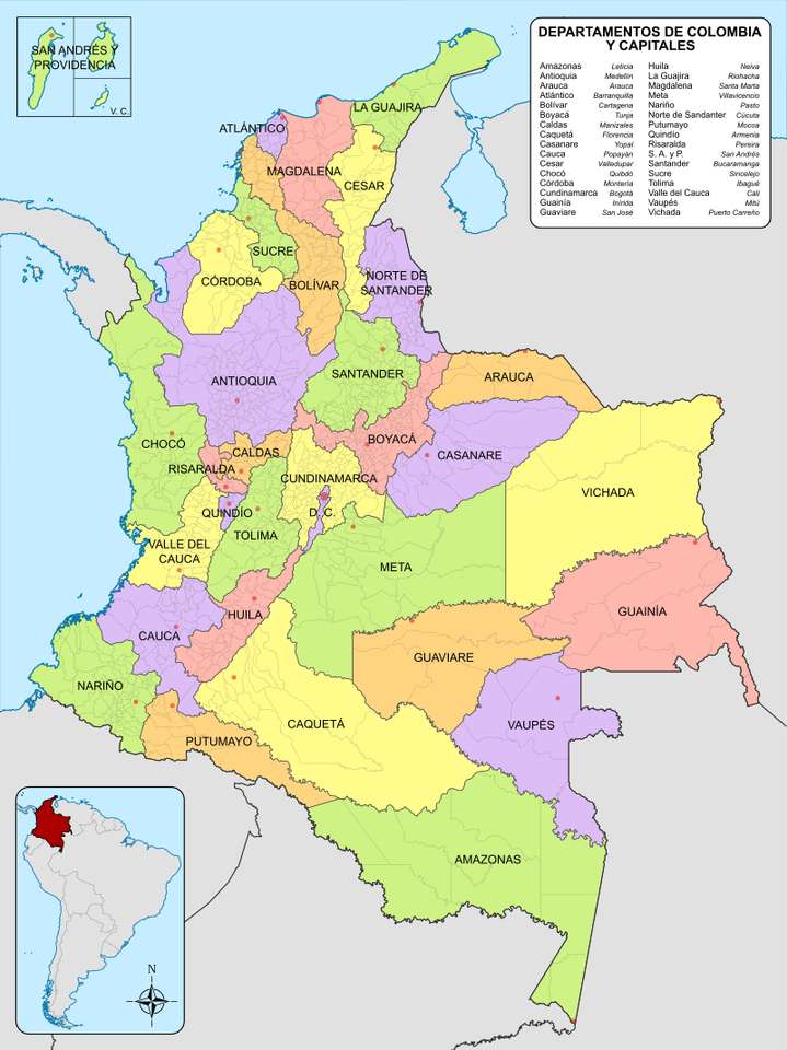 Politisk karta över Colombia pussel på nätet