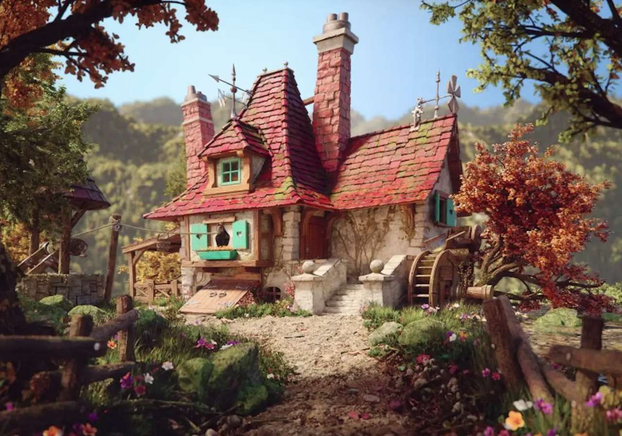 Очаровательный старинный дом, колодец, мельница, красота восхищает пазл онлайн