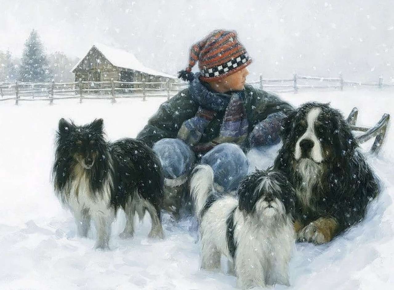 Красив пейзаж от сурова зима - той и неговите приятели онлайн пъзел