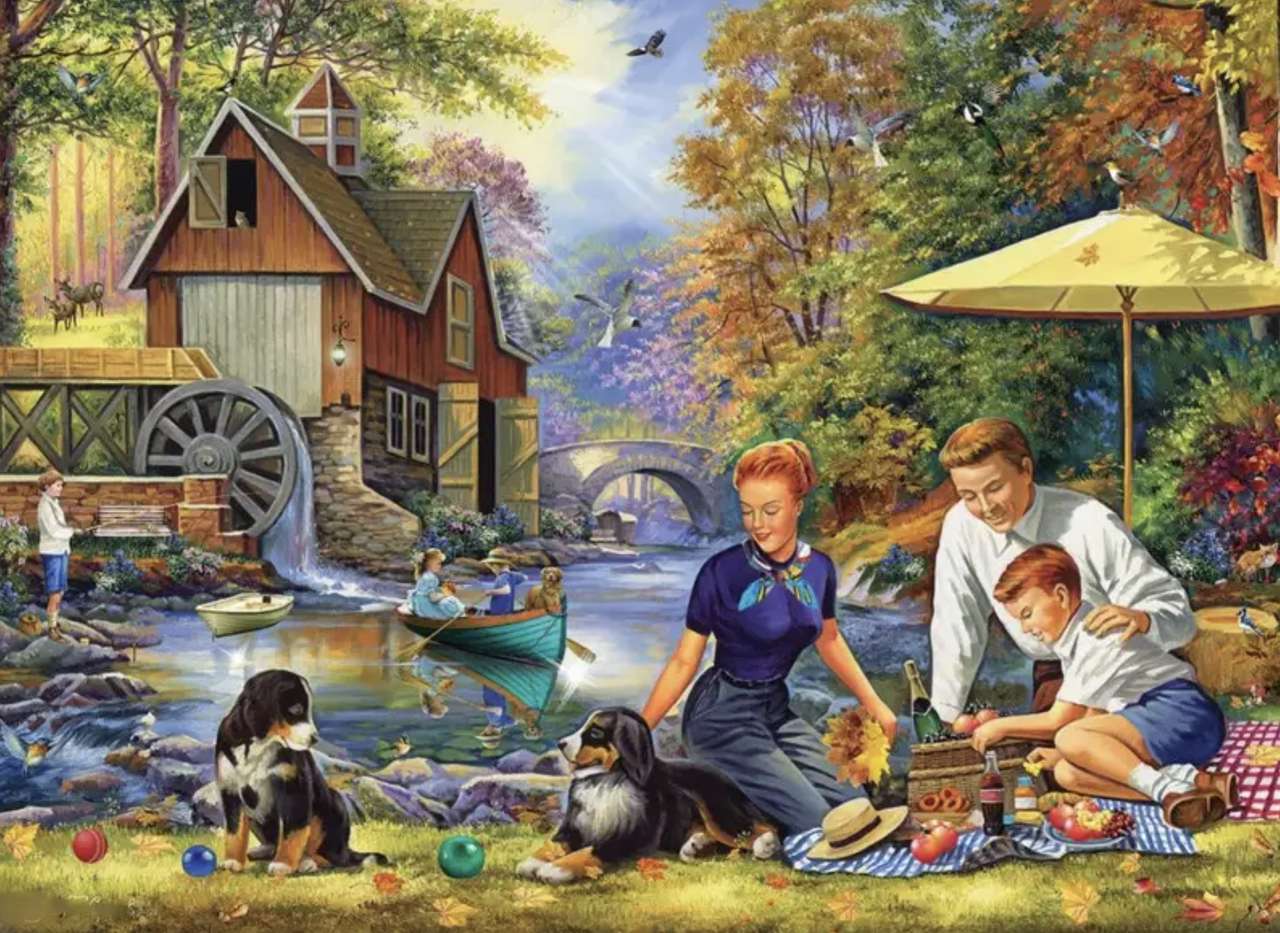 Familjepicknick vid floden. vacker natur pussel på nätet