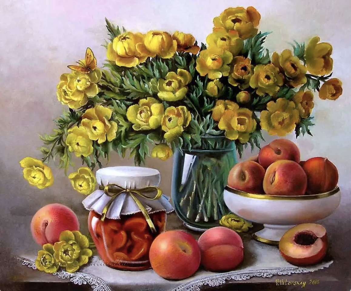 Schönes Bouquet und Pfirsiche in Zuckergurke Online-Puzzle