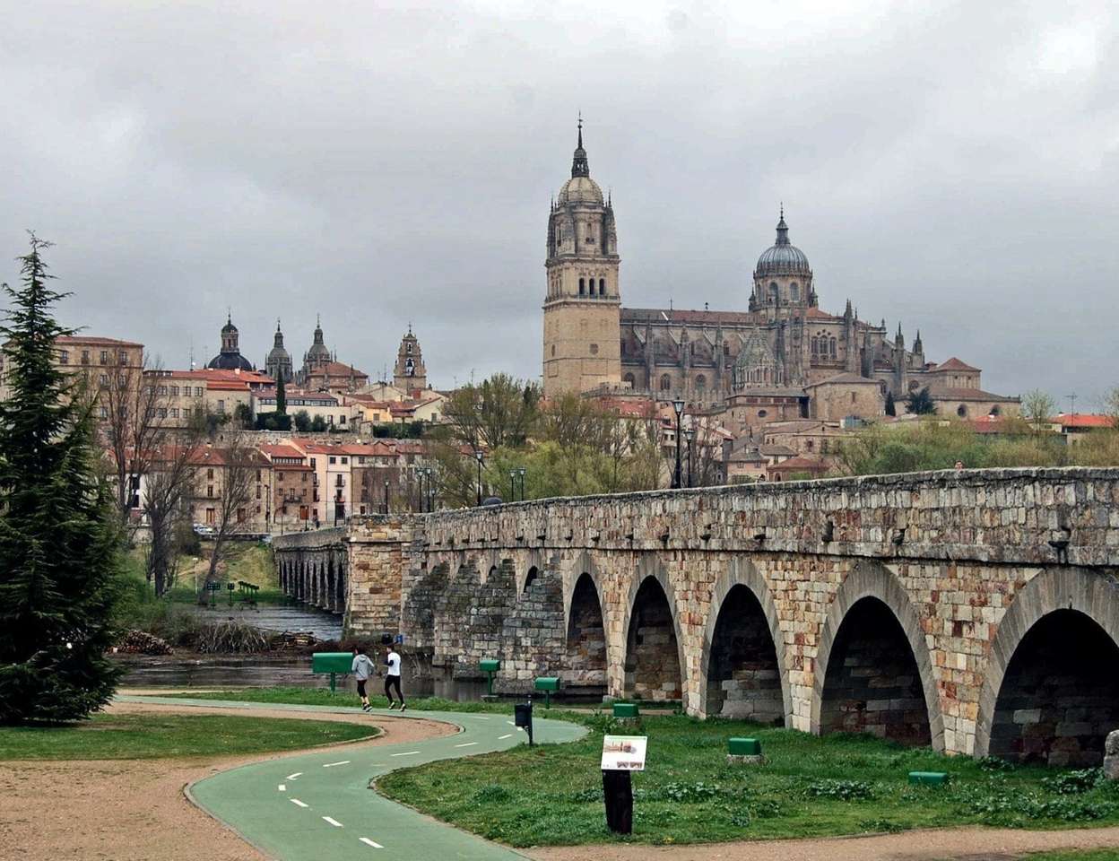 Spanien-Salamanka-romerska bron och katedralen i bakgrunden Pussel online