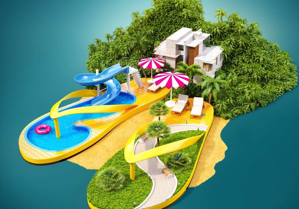 Charmigt koncept -semesterhus på ön pussel på nätet
