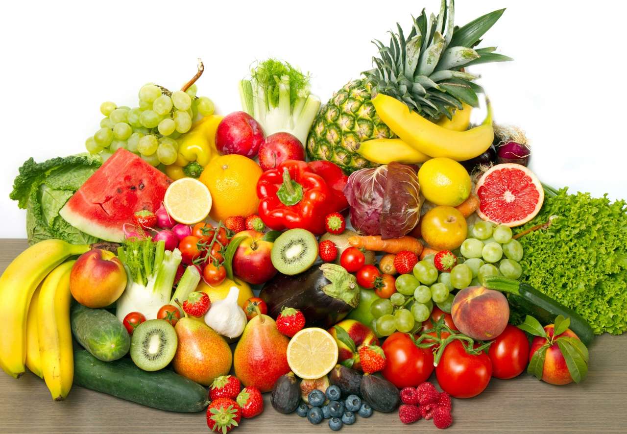 En bukett frukt och grönsaker som var och en av oss äter: Pussel online