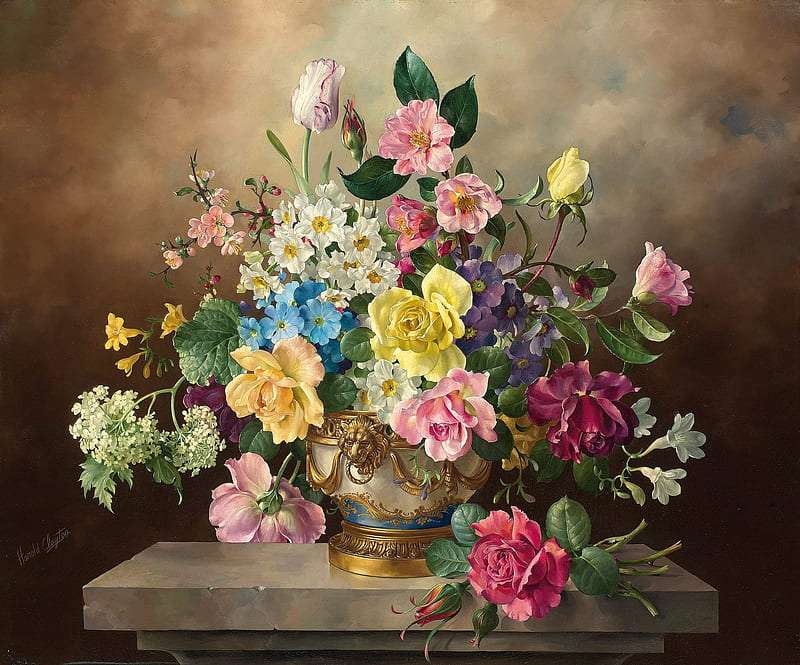 Eine schöne Vase mit einem schönen Blumenstrauß Online-Puzzle