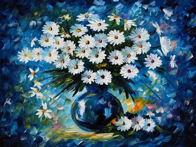 Reizende Gänseblümchen auf einem blauen Hintergrund der Kornblume, schön Puzzlespiel online
