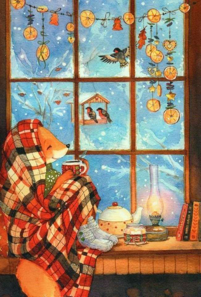 vixen bij haar raam kijkt naar de sneeuw online puzzel